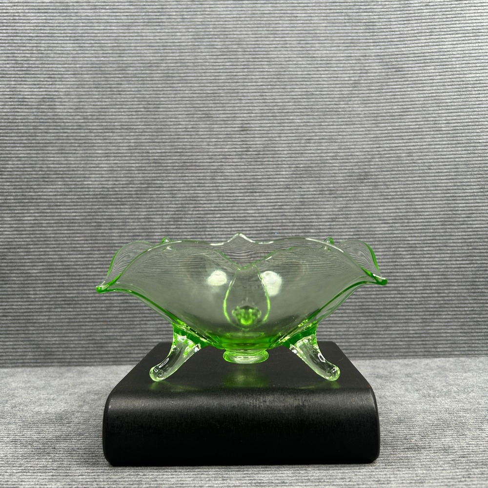 Vintage Uranium Green Glass Three Footed Nut Bowl Ruffled Edge Small Dish Decor